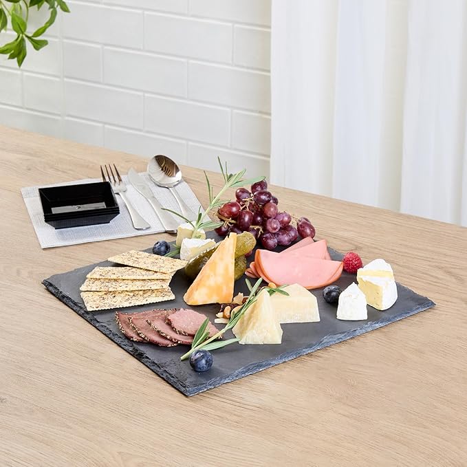 Restaurantware Slate Serving Tray 1 Pack of 12 x 12" Foam Feet Charcuterie Stone Plate Rustic Edges Freezable Black Square Serving Display Cheese Board for Kitchen, Gourmet, Dining, Parties