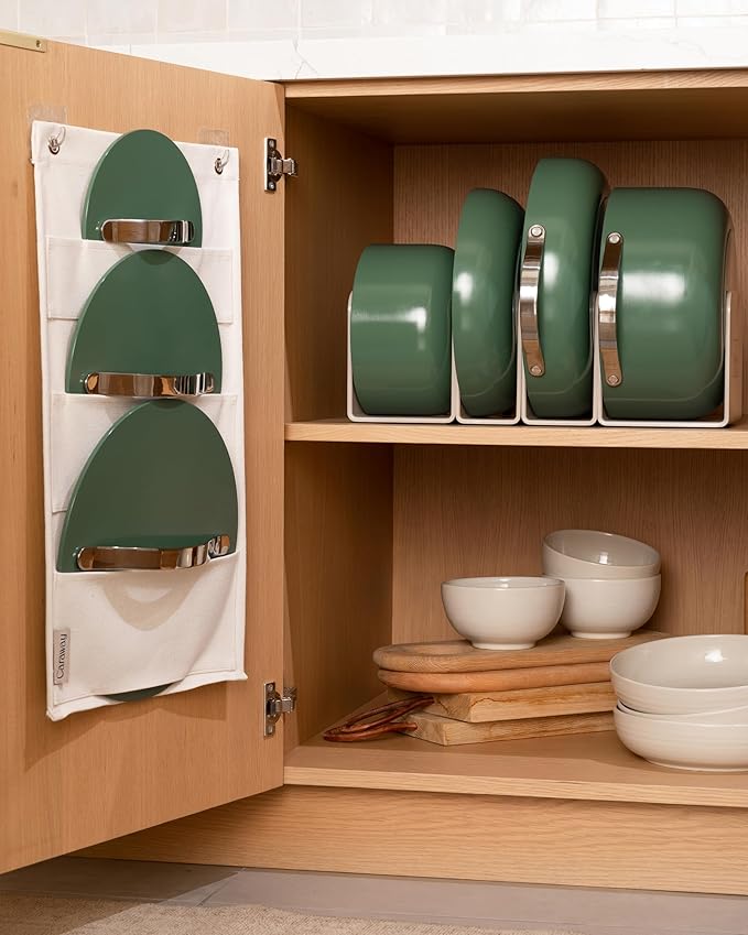 Caraway Nonstick Ceramic Cookware Set (12 Piece) Pots, Pans, Lids and Kitchen Storage - Non Toxic - Oven Safe & Compatible with All Stovetops - White