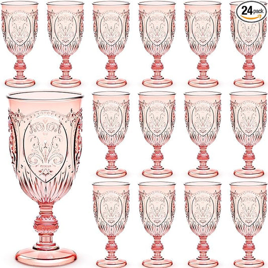 24 Pcs Plastic Goblets 7.5oz Vintage Goblet Plastic Wine Glasses Colored Retro Embossed Water Goblets for Wine Bar Juice Baby Shower Wedding Reception Grand Event Party (Pink)