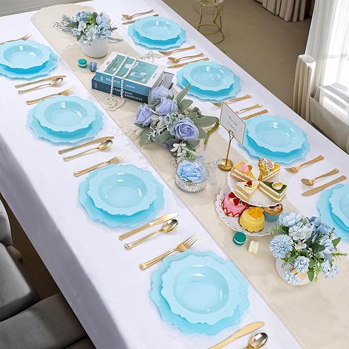 COLOSUS Light Blue Plastic Party Bowls (60 Pack) 12 Oz Disposable Soup/Salad Bowl, Fancy Shatterproof Dinnerware for Easter, Catering, Holidays, Weddings, and Everyday Use