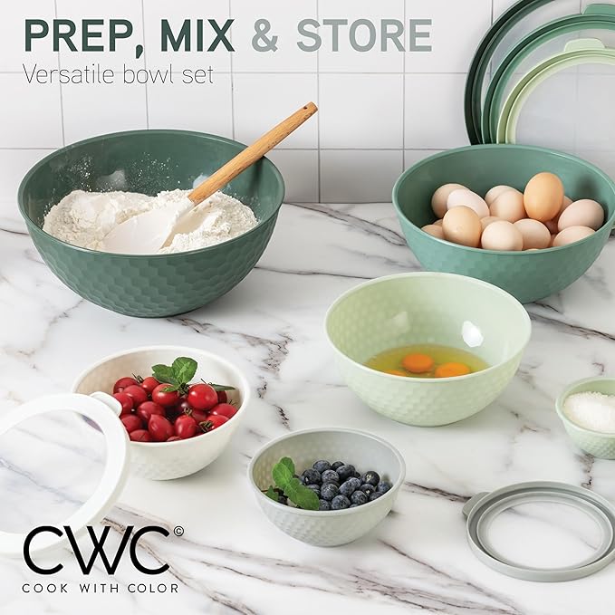 COOK WITH COLOR Mixing Bowls with Lids - 12 Piece Plastic Nesting Bowls Set includes 6 Prep Bowls and 6 Lids, Non Slip Bottom and Embossed Design - Microwave Safe (Sage)