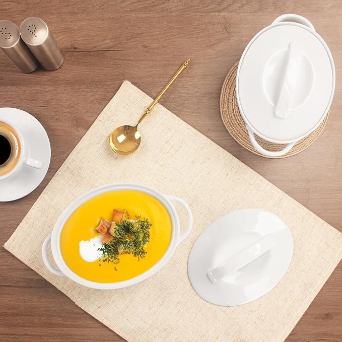 Oval Casserole Dish 23.7 oz, French Onion Soup Ceramic French Serving Soup Tureen Set, Set of 2 Ceramic Mini Cocotte Set, Baking Dish with Lids and Handles, Microwave Dishwasher Oven Safe