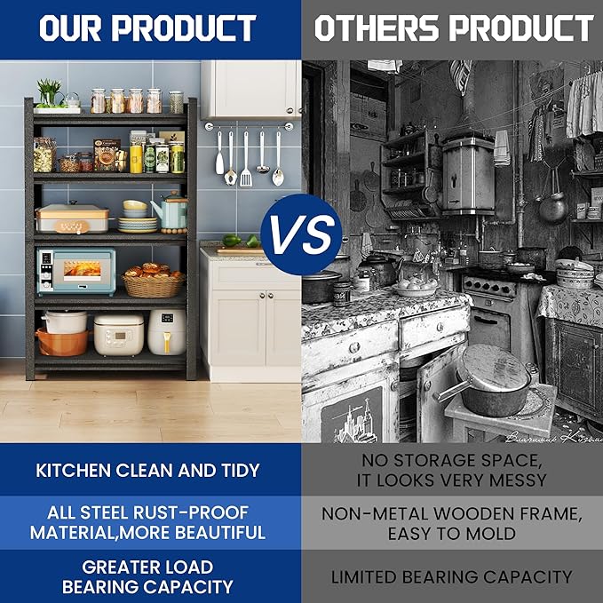 Metal Kitchen Shelf, Heavy Duty 5 Tier Adjustable Storage Shelf, 3000 lb. Load Capacity, Steel Dividers for Heavy Duty Tools and Cookware, Ideal for Kitchen, Pantry, Garage, Black