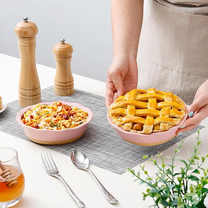 NUTRIUPS Small Pie Pans Set of 2, 6.5 Inch Ceramic Mini Pot Pie Baking Dishes, Oven Safe (6.5in, Pink, 2PCS)