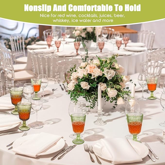 Eaasty Wine Glasses Set of 12 Vintage Goblet 9 oz Vintage Colored Glass Goblet Beverage Stemmed Glass Cups Romantic Embossed Glassware for Wedding Party Holidays Anniversary (Green)