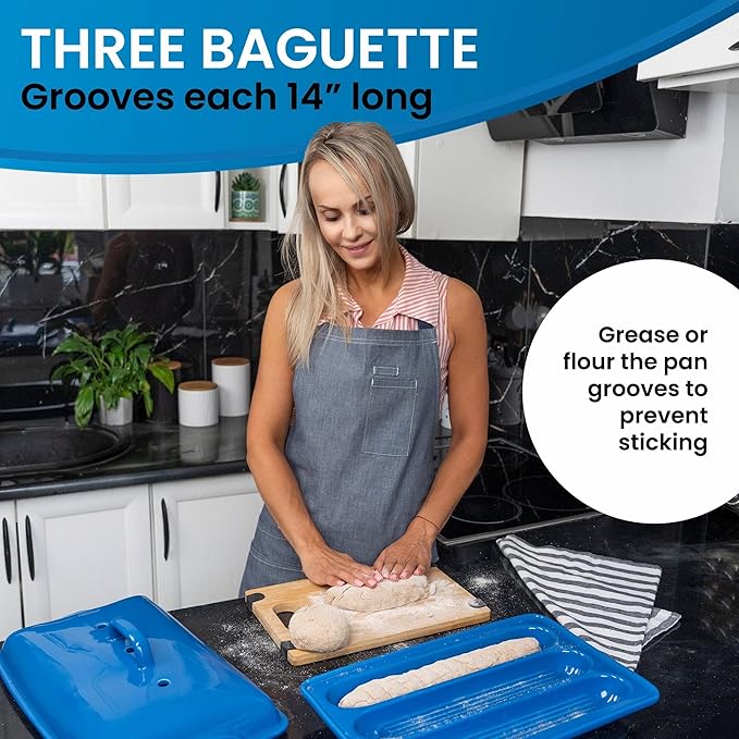 Baguette Pan with Lid for French Bread – 3 Slot Blue Bread Baker Tray – Ceramic Baguette Mold for Sub Rolls, Hoagie, Italian Loaf – Easy-Lift Handle & Vented Crisp Crust Baking