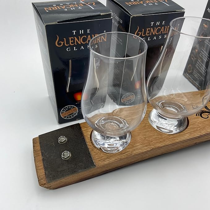 Personalized Premium 4 Glass Whiskey Flight/Engraved Center/Personalized Gift/Crystal Glass Option/Natural Oak Color (Circle Flourish)