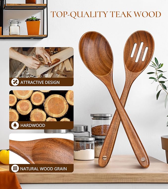 2Pcs Wooden Spoons for Cooking, Natural Premium Teak Wooden Spoon & Slotted Spoon, Good Grip Large Cooking Spoons Spatula, Heat Resistant Wooden Kitchen Cooking Utensils Set for Nonstick Cookware