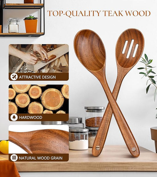 2Pcs Wooden Spoons for Cooking, Natural Premium Teak Wooden Spoon & Slotted Spoon, Good Grip Large Cooking Spoons Spatula, Heat Resistant Wooden Kitchen Cooking Utensils Set for Nonstick Cookware