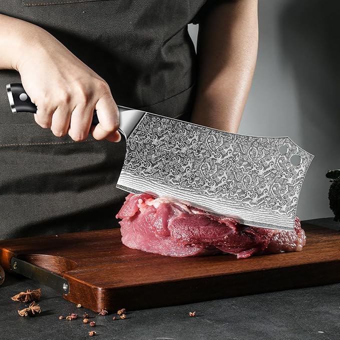 MOSFiATA Damascus 7” Cleaver Knife，Ultra Sharp Vegetable and Meat Butcher Knife with Finger Guard for Home Kitchen and Restaurant