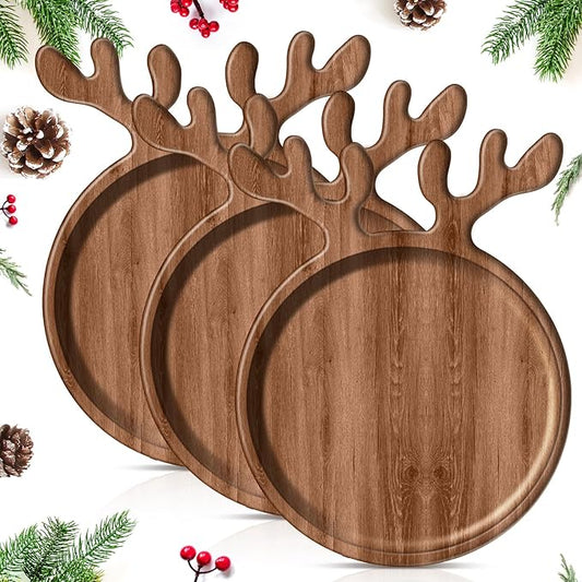 3 Pcs Christmas Appetizer Platter 12 Inch Cutting Board Acacia Serving Trays Wood Charcuterie Board Tray Snack Dessert Candy Dish Plate for Kitchen Gifts (Deer Antler)