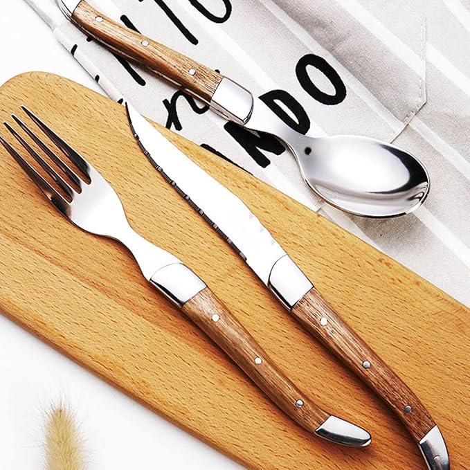 18 Piece Silverware Set, Flatware Set for 6, 18/10 Stainless Steel Tableware Cutlery Set With Golden teak wood handle, Utensil Sets for Kitchen,Dishwasher Safe (18pcs)