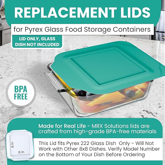Replacement Lid for Pyrex 2-Quart 8" x 8" Glass Baking Dish #222, Compatible with Lid #222-PC, Food Storage Container Cover with Flush Tab Handles (Teal)