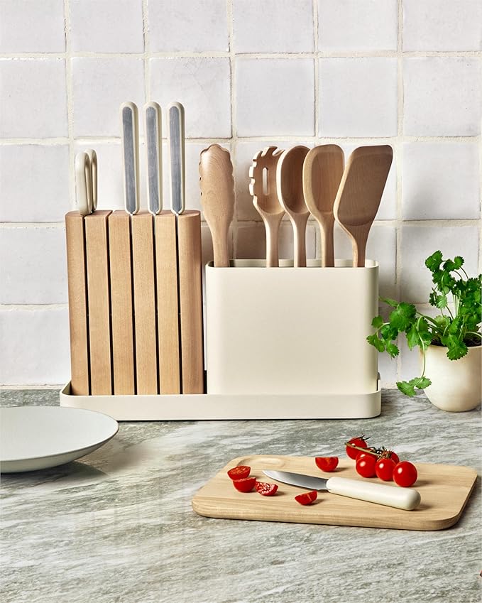 Caraway 14-Piece Kitchen Prep Set - Kitchen Knife Set & Wooden Utensil Set - Made With Premium German Steel Blades & FSC-Certified Birch Wood - Non-Toxic Materials - Includes Organizer - Charcoal