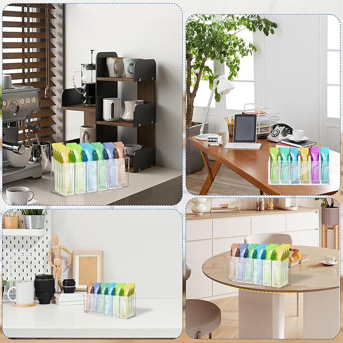 2 Pcs Acrylic Drink Packet Organizer, Mountable Water Drink Packet Holder with Adhesive & Magnetic Sticker, Wall Mount Drink Storage Bins with Removable Divider for Table Refrigerator Cabinets Pantry