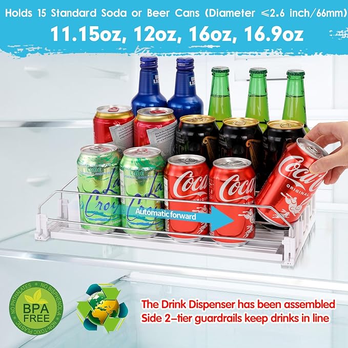 Automatic Soda Can Organizer Refrigerator Can Dispenser for Beer Soda Seltzer already Assembled Drink Pop Can Holder Self-Pushing Drink Organizer for Fridge Storage 15 cans of 11.15oz 12oz 16oz 16.9oz