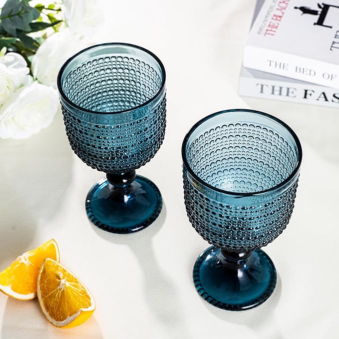 Bandesun Blue Hobnail Wine Glasses Set of 6 - Beads Goblet Glassware Vintage Drinkware