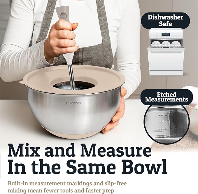 Priority Chef Stainless Steel Mixing Bowls with Lids Set, Metal Nesting Bowls with Airtight Lids, Graters, Non-Slip Base & Measurement Marks, Includes Utensil Set for Prep, Baking & Storage, Khaki