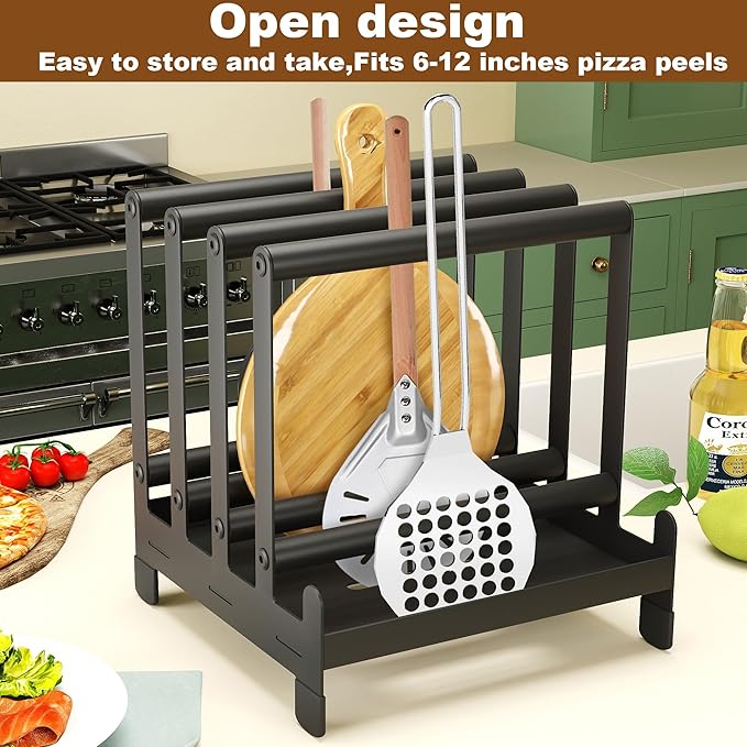 Pizza Peel Rack Steel 4 Available Slots Pizza Paddle Holder Rack with Non-Slip Feet for Pizza Spatula Turner Storage Organizing and Saving Space Pizza Turning Oven Accessories Black
