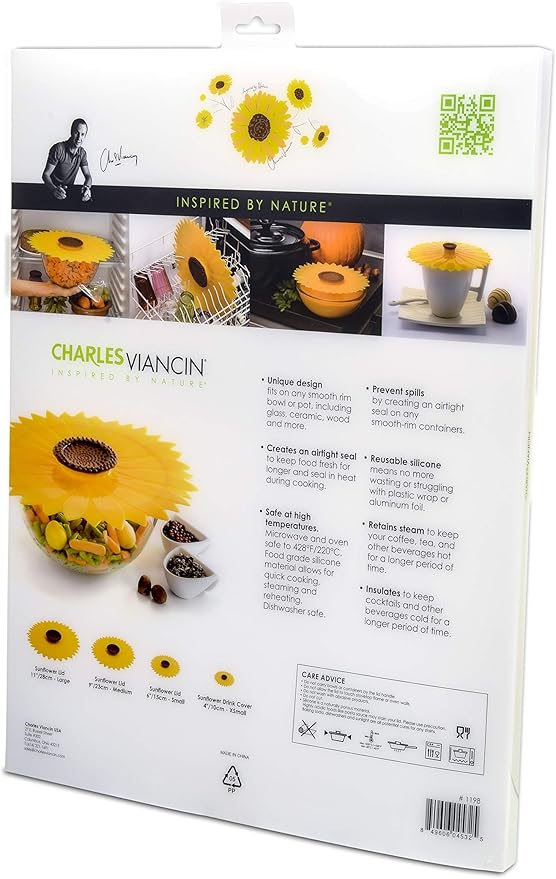 Charles Viancin - Sunflower Lid Gift-Box - Set of 4 Silicone Lids for Food Storage and Cooking - 11''/28cm + 9''/23cm + 6''/15cm + 4''/10cm - Airtight Seal on Any Smooth Rim Surface