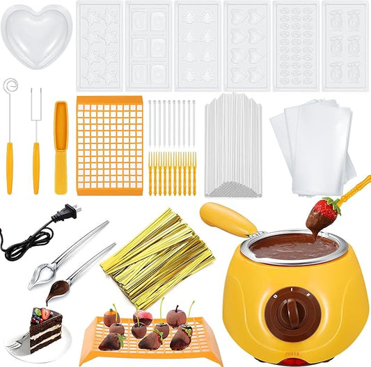 Umigy Electric Melting Chocolate Pot Gift Set Mini Fondue Fountain Pot Kit Chocolate Melting with DIY Mold and Accessories for Candy Christmas Milk Cheese Candy Home(Yellow)
