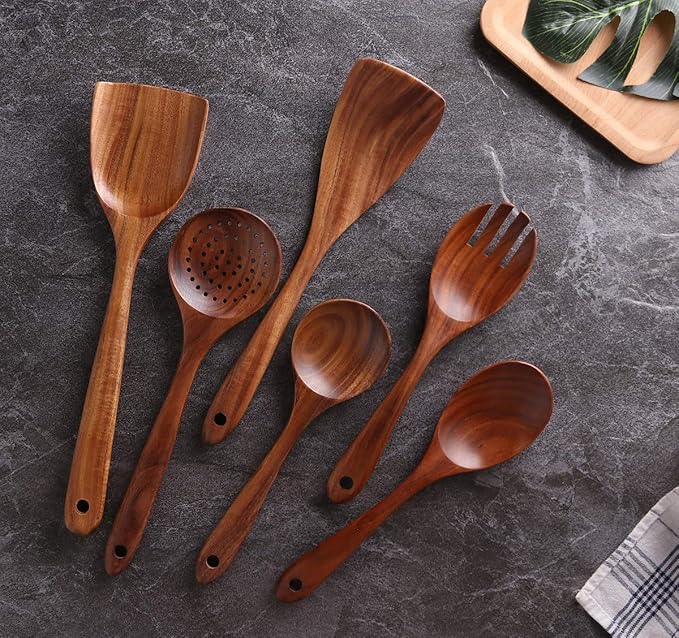 Kitchen Utensils Set, NAYAHOSE Wooden spoons for Cooking Non-stick Pan Kitchen Tool Wooden Cooking Spoons and Wooden utensil storage wooden barrel