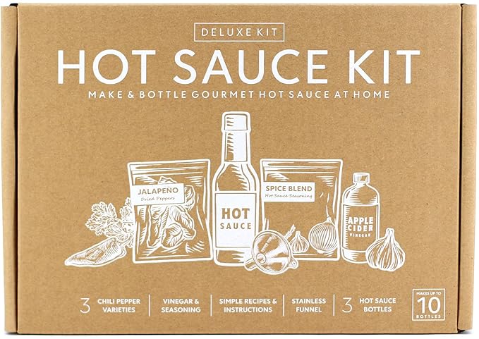 Unique Gift for Men, Deluxe Hot Sauce Making Kit, 3 Varieties of Chili Peppers, Gourmet Spice Blend, 3 Bottles, 16 Fun Labels, Make your own sauce, Nice Gift For Dad, Brother, Uncle, Guys. (Deluxe Kit)