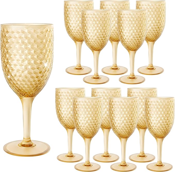 12PCS Gold Plastic Wine Glasses 13oz,Acrylic Goblets Toasting Glassware,Unbreakable Cups Drinking Glasses for Bar Party,Wedding