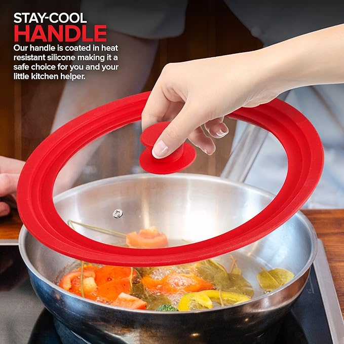 Modern Innovations Universal Lids (Set of 2) Fits 7 to 12-Inch Cookware, Silicone Replacement Pan Lid, Glass Top Covers for Skillets, Pots, Frying Pans, Cast Iron - Red