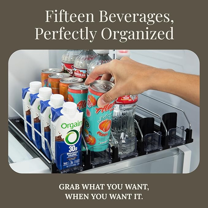 5-Piece Drink Organizer for Fridge – Spring-Loaded Rolling Can & Bottle Holder – Kitchen Storage for Soda, Water, Baby Bottles – Sliding Beverage Dispenser (Black)