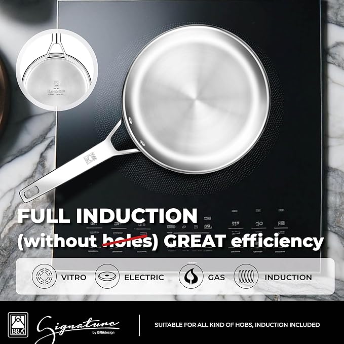 BRA COOKWARE Signature Frying Pan | 10.2 inches Professional Skillet | Stainless Steel Frypan | All Stovetop Compatible - Full Induction Skillet | PFOA Free | w/o Non-Stick Coating | Polished Finish