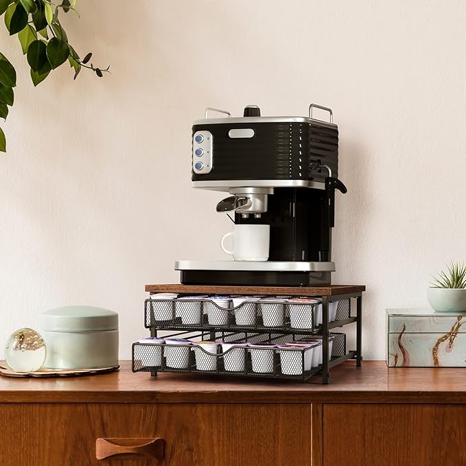 Coffee Pod Drawer Holder Coffee Pod Storage Organizer for Counter 2 Tier Coffee Pod Holder 72 Capacity Capsule Storage Rack with Sliding Baskets for Home Office (Brown)