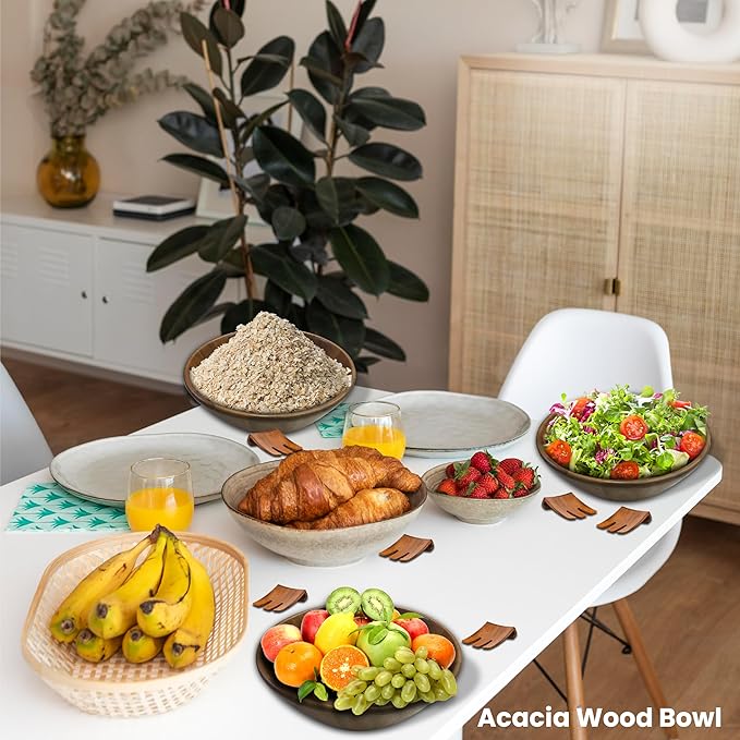 Acacia Wood Salad Serving Bowl Set – Large Wooden Bowl with Forks for Salads, Fruits & Meals – Easy to Clean, Food-Safe, Perfect for Entertaining & Gift Giving