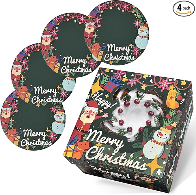 qiqee Christmas 12x12x6 Cake Box, 4Sets Christmas Cake Box with Window ＆ 4Sets 12 Inch Christmas Snow Man Cake Round Boards, 12inch Cake Containers