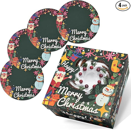 qiqee Christmas 12x12x6 Cake Box, 4Sets Christmas Cake Box with Window ＆ 4Sets 12 Inch Christmas Snow Man Cake Round Boards, 12inch Cake Containers