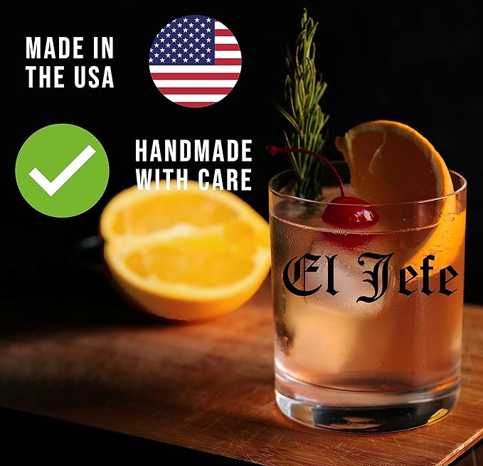 Spotted Dog Company Printed 11oz Whiskey Glass - El Jefe - The Boss - Old Tyme, National Day Gifts Best Ever Funny, Gifts for Him, Boss Gift, Father's Day