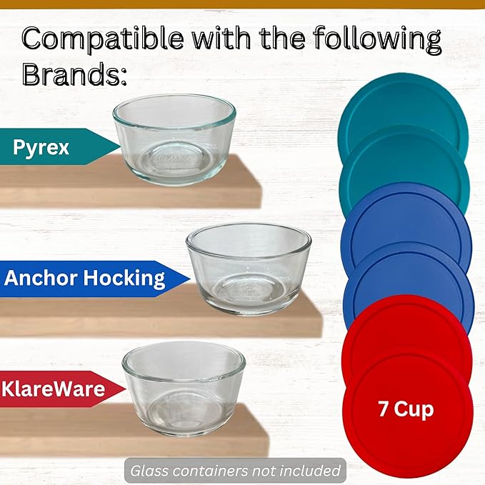 7 Cup/1.65 L Replacement Lids/Covers for Pyrex 7402-PC, Anchor Hocking & KlareWare Storage Bowls *Lids Only - Glass Container Not Included* (Turquoise, Blue, Red, 6 Pack)