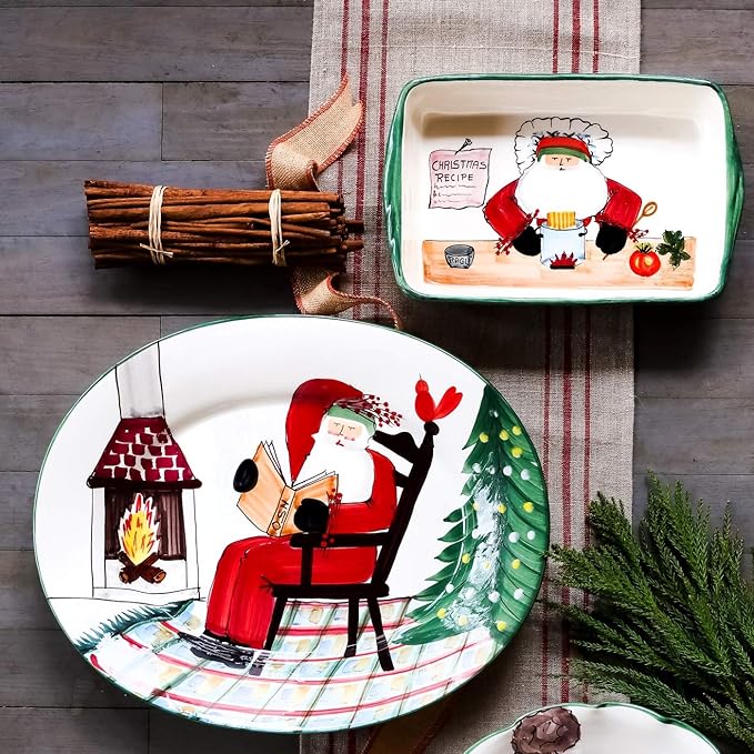 Vietri Old St. Nick Rectangular Baker w/Chef, Christmas Oven Baking Dish Earthenware Bake/Serve Pan