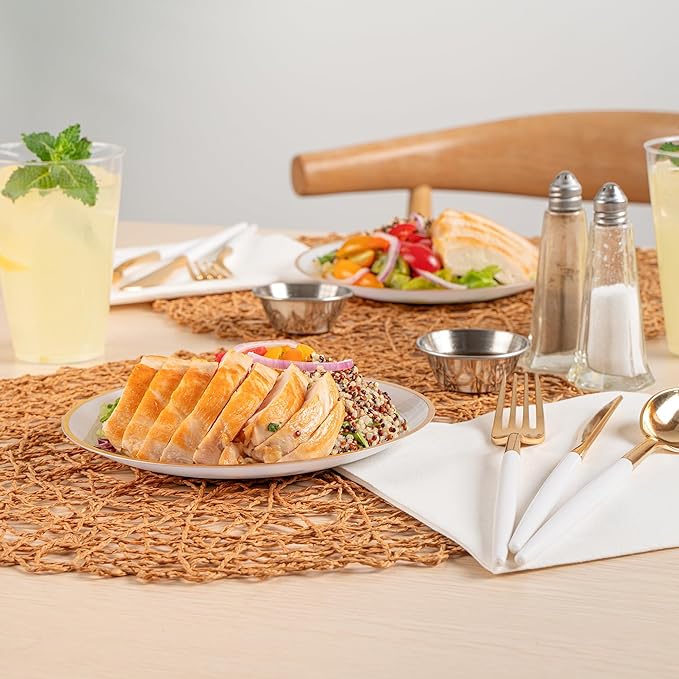 Restaurantware Plastic Plates 100 Pcs 7.25" Gold Rimmed Disposable Plates Heavy-Duty White Translucent Rippled Plastic Dinner Servers for Party, Weddings, Salads, Desserts, and Appetizers