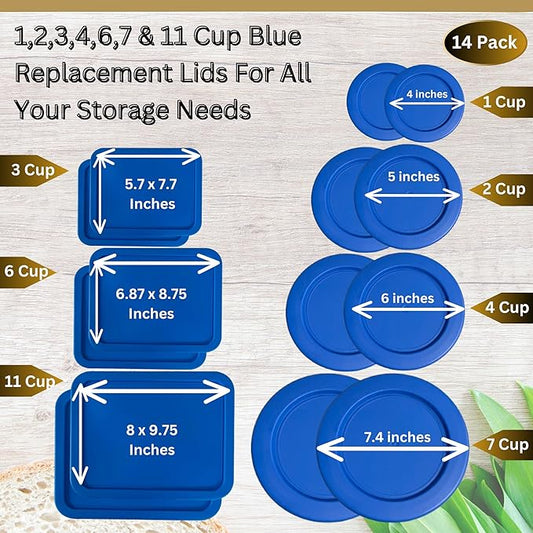 1, 2, 4 & 7 Cup Blue Round & 3, 6, 11 Cup Blue Rectangle Replacement Lids/Covers for Pyrex, Anchor Hocking & KlareWare Storage Bowls *Lids Only -Glass Container Not Included*, 14 Pack *2 of Each Size*