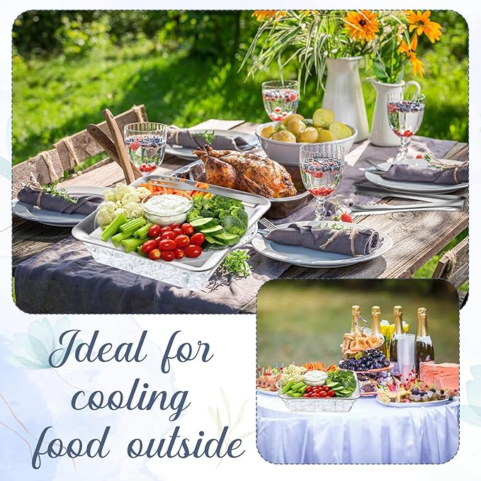 Baderke 6 Set 9" Chilled Serving Tray for Parties with Compartments Ice Chilled Party Platter Charcuterie Serving Board Cold Dish Dip with Forks Tongs for Fruit Seafood Vegetable Appetizer (Silver)