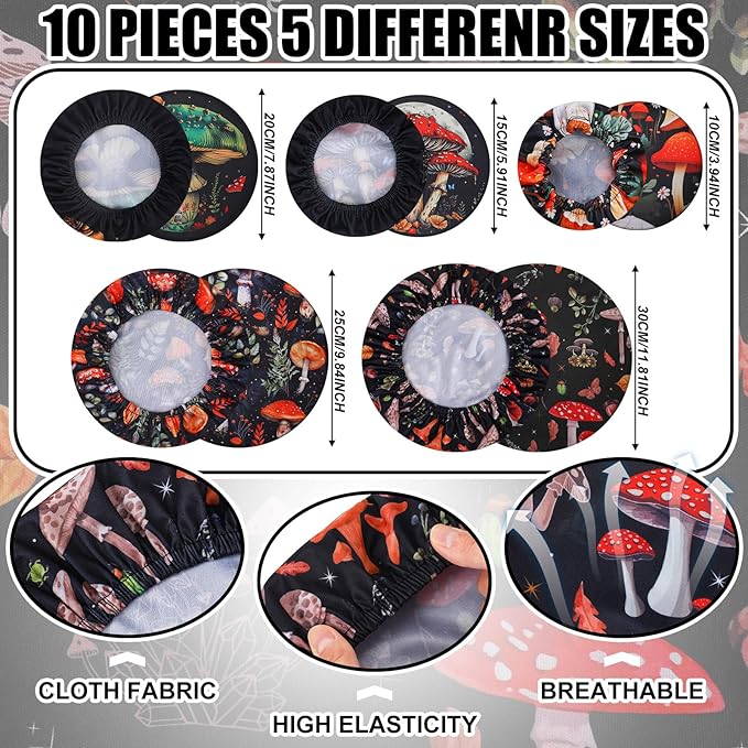 Patelai 10 Pcs Bowl Covers Reusable in 5 Size Stretch Cloth Fabric Elastic Food Storage Bowl Covers Bread Sourdough Lids for Proofing Food Fruits Leftover(Mushroom Style)