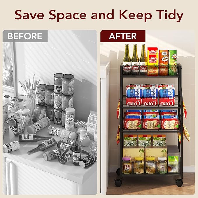 Can Organizer for Pantry - Rolling Snack Cart, Multi-Layer Soda Can Organizer for Pantry, Mobile Beverage Storage Rack with Wheels, Versatile Metal Shelf for Kitchen and Office, Black