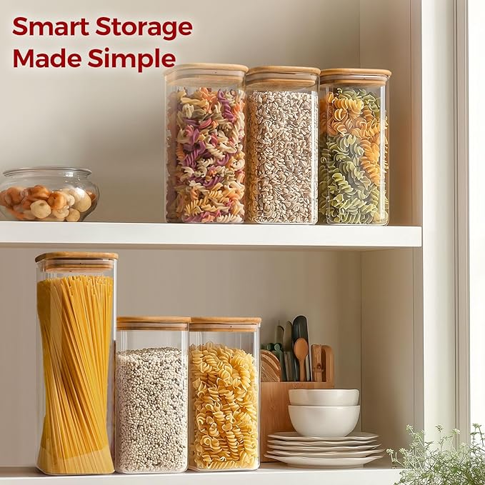 Airtight Glass Storage Canister with Lids, Kitchen Pantry Storage Jar with Labels, Food Storage Container for Sugar Tea Coffee Beans Snacks (2 pack 1.6qt)