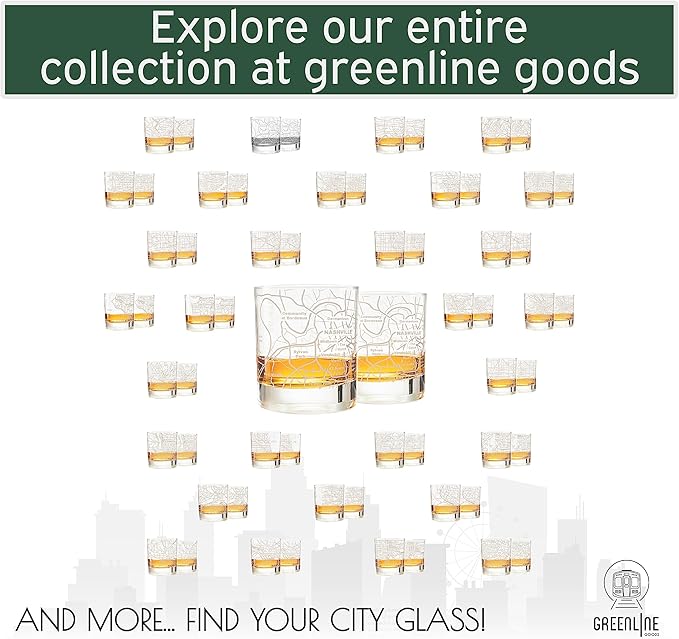 Greenline Goods Whiskey Glasses - 10 Oz Tumbler Gift Set for Nashville lovers, Etched with Nashville Map | Old Fashioned Rocks Glass - Set of 2
