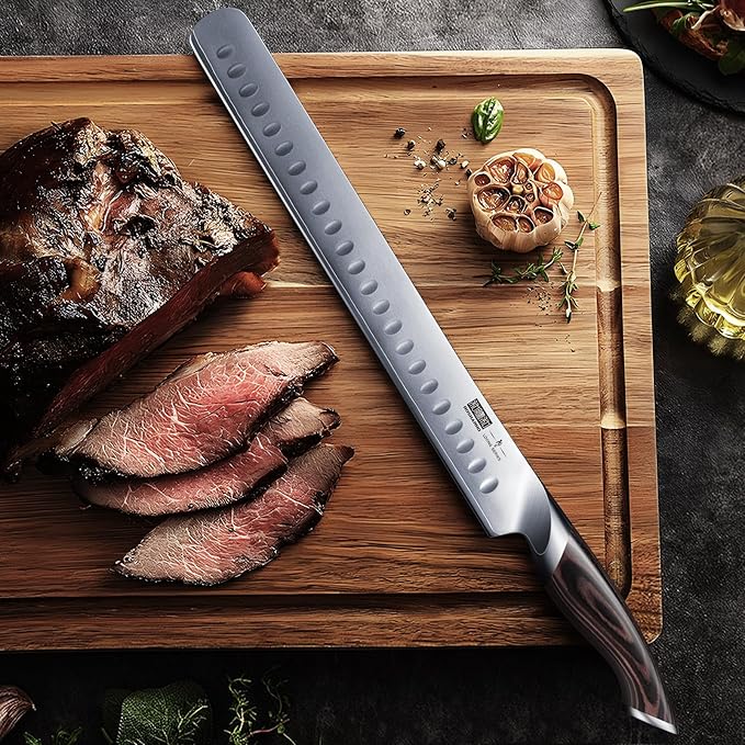 Carving Knife 12 Inch, Japanese High Carbon Steel Slicing Knife with Ergonomic Pakkawood Handle, Razor Sharp Brisket Knives for Meat Cutting, BBQ, Turkey