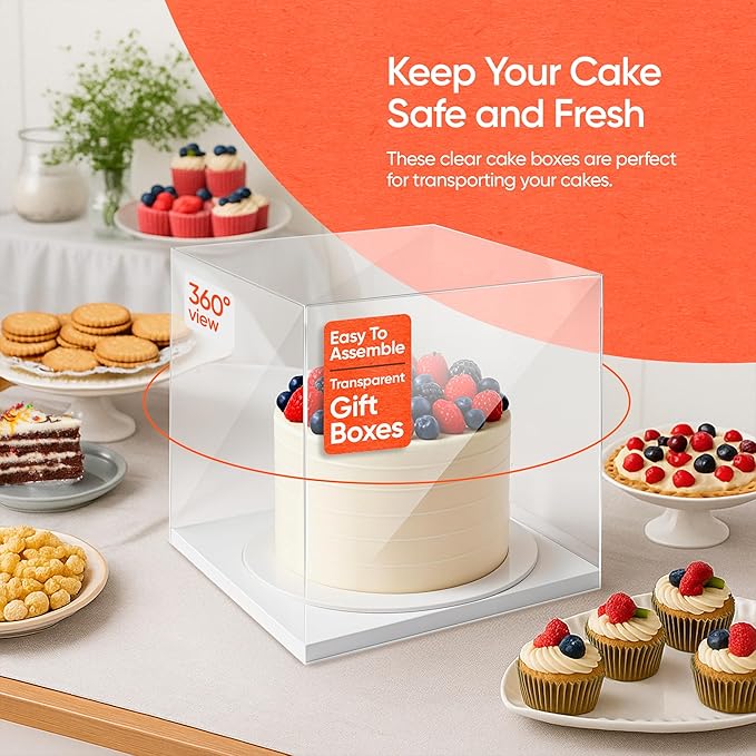 Sweet Degrees Clear Plastic Cake Box 14"x14"x16" | Ribbon Included | Tall Square Cake Carrier with Lid | Reusable Display Container for Tiered Cakes | Ideal for Weddings, Events, and Bakeries