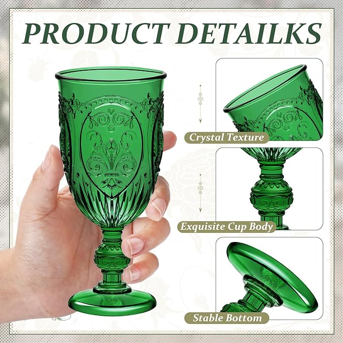 6 Pcs Plastic Goblets 7.5oz Vintage Goblet Plastic Wine Glasses Colored Retro Embossed Water Goblets for Wine Bar Juice Baby Shower Wedding Reception Grand Event Party (Dark Green)