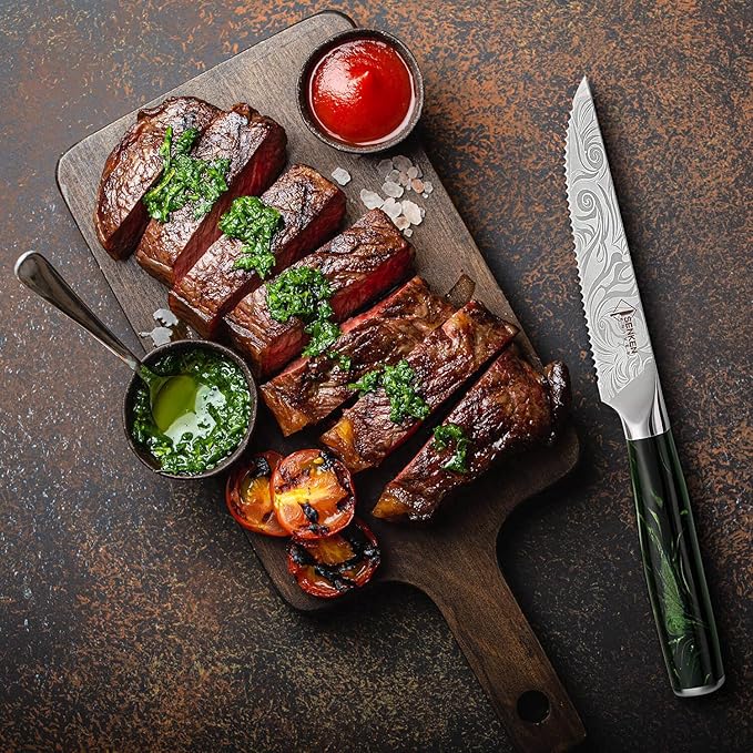 SENKEN Professional Steak Knife Set with Beautiful Engraved Pattern - Wasabi Collection - Razor Sharp Serrated High Carbon Steel & Emerald Green Resin Handle (6 Piece Steak Knife Set)