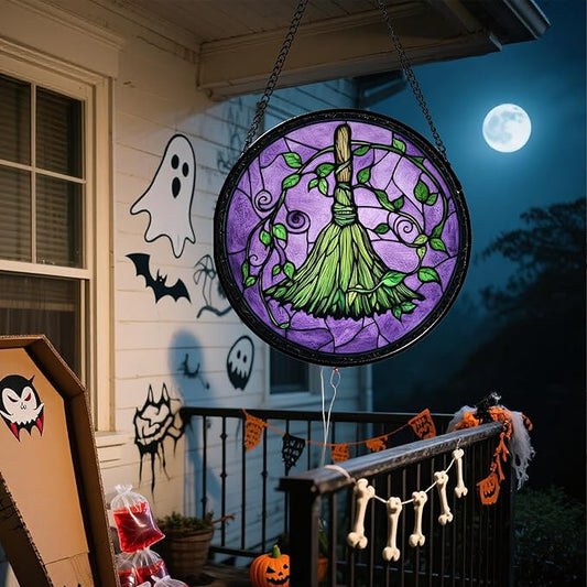 Stained Glass Window Hanging - Halloween Decorations Witch Magic Broom Suncatcher for Doors Garden Indoor Funny Spooky Sun Catchers Gothic Decor Horror Gifts for Women Men Friend 9.8 in
